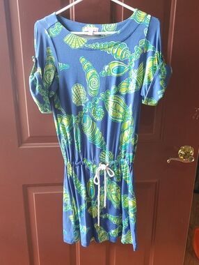 Lilly Pulitzer Racquel  Dress with Blue & Green Seashell Print Silk & Cotton